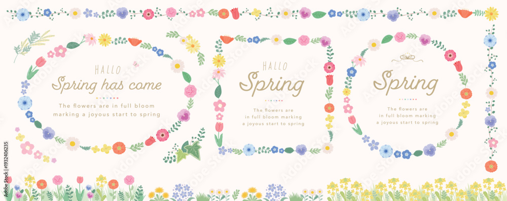 Obraz premium フラットデザインのおしゃれな春の花フレーム _カラフルなボタニカルフラワーリース_チューリップ、桜、葉っぱ等