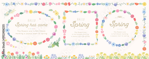 フラットデザインのおしゃれな春の花フレーム _カラフルなボタニカルフラワーリース_チューリップ、桜、葉っぱ等