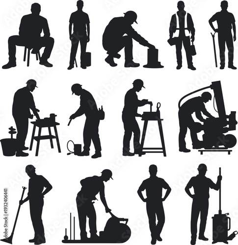 Construction worker silhouettes set showing builders, engineers and technicians using tools and machinery, industrial labor people collection isolated vector illustration for construction industry