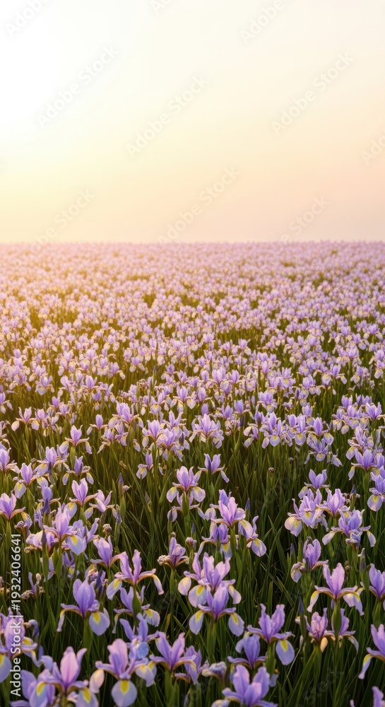 Obraz premium A vibrant panorama showcasing thousands of delicate purple and yellow iris flowers blooming across a peaceful meadow under the warm daylight, botany, Iris, meadow