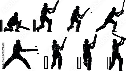 Cricket player batting action silhouettes set, batsman hitting ball with bat near wickets, sports training movement collection, cricket game athlete poses isolated vector illustration