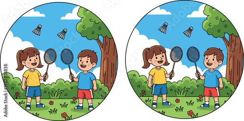 Cute children playing badminton outdoors in park illustration, happy kids holding rackets with shuttlecocks, summer sport activity cartoon scene in circular frame