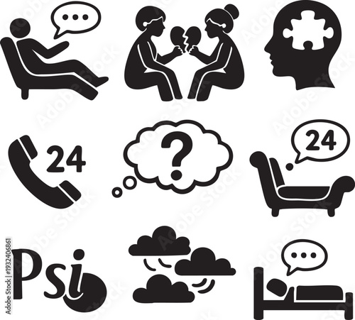 Psychology and Therapy Icon Set with Counseling, Hotline and Mental Health Symbols – Black Silhouette Vector Collection