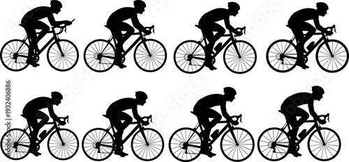 Cyclist silhouette collection featuring road bike riders in racing posture, professional cycling sport vector icon set isolated on white background