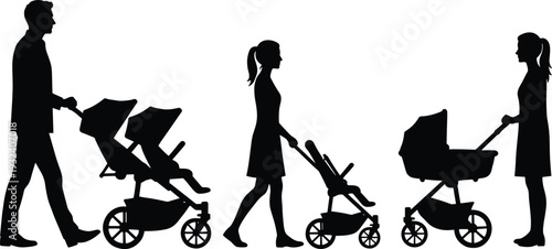 Parents walking with baby stroller silhouette set, mother and father pushing pram with child isolated on white background for family lifestyle design