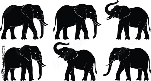 PrintElephant silhouette collection with different poses, black wild animal vector set isolated on white background for wildlife, safari, nature and mascot design