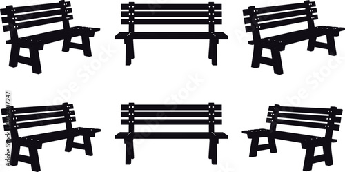Park bench silhouette collection with front and perspective views, black wooden outdoor seat set isolated on white background for urban landscape design