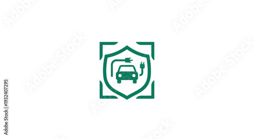 Green Electric Car Charging Symbol Inside Shield Icon.