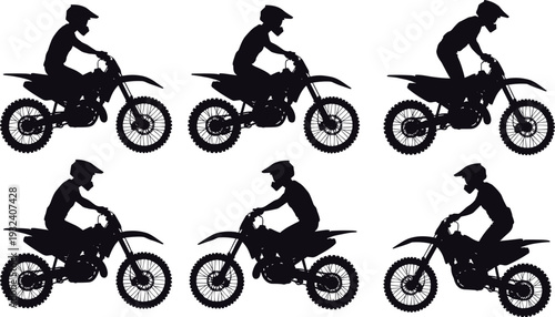 Motocross rider silhouette collection performing dirt bike action poses, off road motorcycle racer side view black shadow set isolated on white background