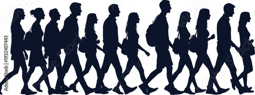 Group of students walking silhouette set with backpacks, young people side view black shadow figures isolated on white background for education and urban lifestyle design