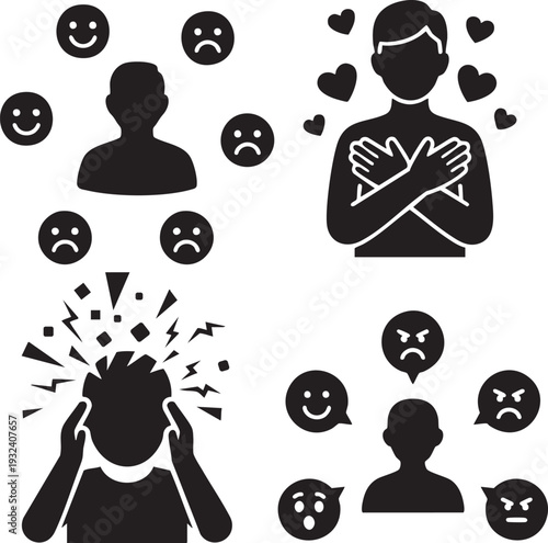 Emotional Health and Mental Stress Icon Set with Mood Swings and Anxiety – Black Silhouette Vector Collection