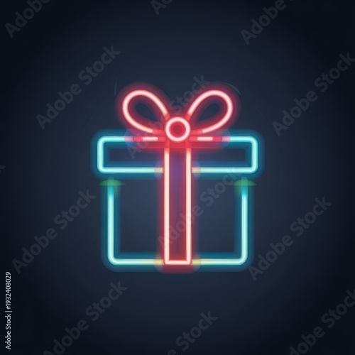 A sleek neon gift box with a decorative red ribbon and bow on a dark background