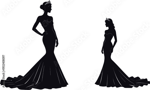 Elegant princess silhouette in long mermaid gown with tiara, glamorous woman evening dress black shadow illustration isolated on white background for fashion design