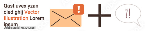 Communication, email notification, digital alerts, online interaction, error messaging, customer support. Envelope with alert icon and speech bubble. Communication and email notification concept