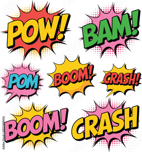 Colorful comic book explosion sound effects in speech bubbles