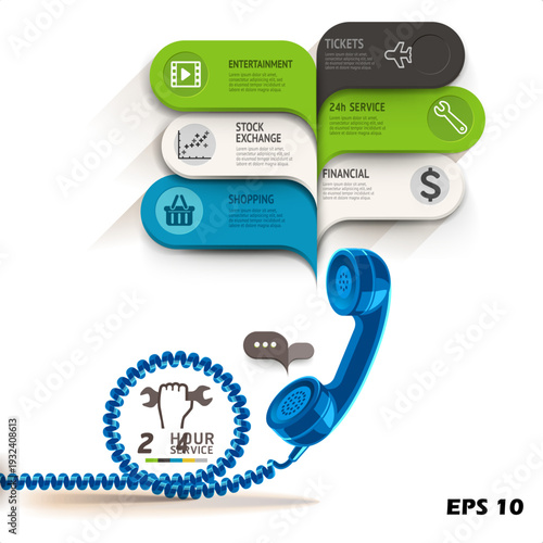24-Hour Digital Support Infographic Template. Vector Illustration of a Blue Telephone Handset with Speech Bubble Banners for Entertainment, Finance, and Shopping