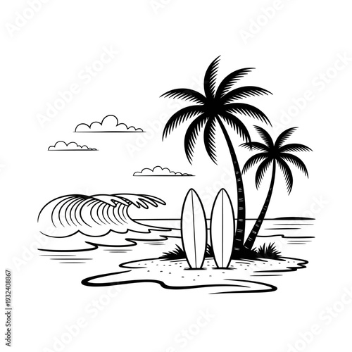 Surfboards standing on beach between palm trees ocean waves tropical