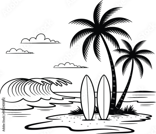 Black and white of surfboards standing on beach between palm trees and ocean waves