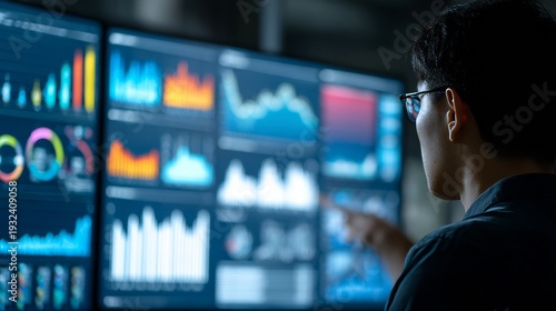 Data analysis concept, person reviewing charts on screen 