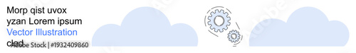 Cloud computing, data processing, automation concepts, digital transformation, cloud infrastructure, machine learning. Two clouds with gear icons inside. Cloud computing and data processing