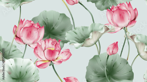 Floral seamless pattern featuring watercolor-style pink lotus flowers and green lily pads on a muted light teal background
