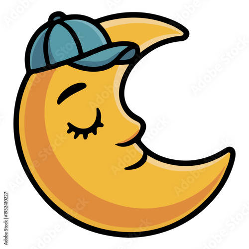 A charming illustration of a crescent moon, wearing a cap