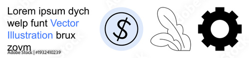 Business solutions, sustainability, industrial processes, financial systems, technology, and eco concepts. A dollar symbol, leaf design and gear icon. Business solutions and sustainability