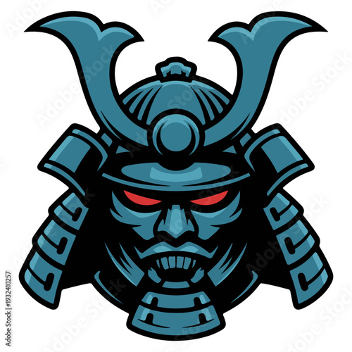 A menacing samurai helmet with a fierce expression and glowing eyes. The image captures the warrior spirit