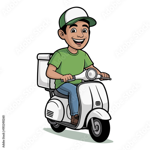 A friendly courier riding a scooter to deliver packages, ready for customer's receiving