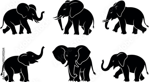 Elephant silhouette collection featuring African elephant in different walking poses, wildlife animal vector icons set isolated on white background for nature and safari design