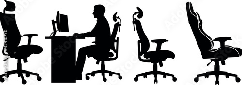 Ergonomic office chair and man working at computer silhouette set, modern workspace furniture vector illustration for office seating, posture support, workstation design isolated on white