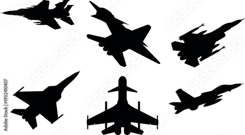 Fighter jet silhouette collection with modern military aircraft in multiple flight angles, combat aviation airplane vector icon set isolated on white background
