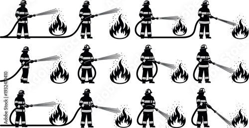 Firefighter extinguishing fire silhouette set with water hose spray, firefighting emergency rescue concept, fire safety worker icons isolated on white background vector illustration collection