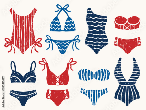 Swimsuits and bikinis, hand-drawn retro textured vector set in monochrome doodle style. Playful illustrations perfect for prints, fabrics, and summer designs