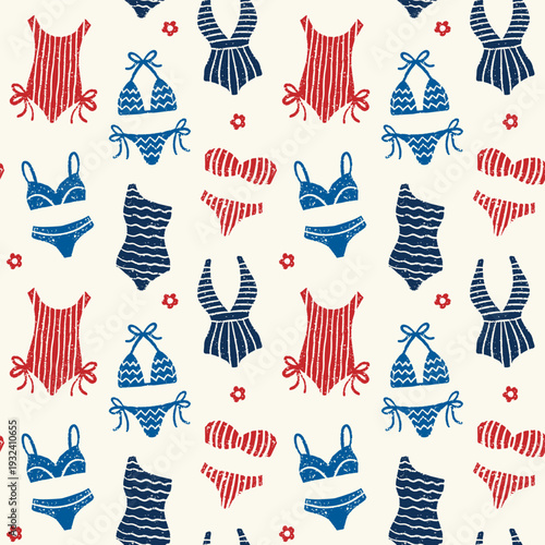 Seamless pattern of swimsuits and bikinis, hand-drawn textured summer vector in whimsical doodle style. Playful illustrations perfect for fabrics, prints, packaging, and summer designs