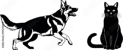 German shepherd dog running and black cat sitting silhouette illustration set, domestic pet animal vector design isolated for veterinary, pet care and wildlife concept