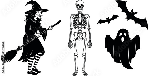 Halloween character silhouette collection featuring witch with broom, human skeleton, flying bats and ghost figure, spooky black icons isolated on white background