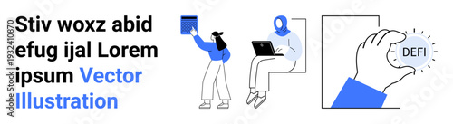 Financial technology, blockchain systems, cryptocurrency trends, online communication, decentralized finance, modern workspaces. Person holding blockchain symbols, individuals using digital devices