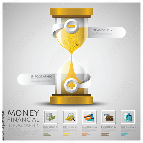 Money Financial Infographic Template. Vector Illustration of a 3D Hourglass with Falling Currency Symbols, Plus and Minus Indicators, and 5 Data Options
