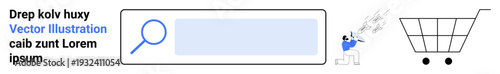 Online shopping, digital commerce, user interface, search functionality, retail marketing, modern design. Search bar, shopping cart animated character involved in action. Online shopping and digital