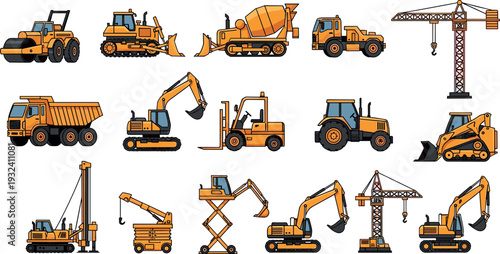 Heavy construction machinery vehicles collection including excavator bulldozer dump truck crane forklift tractor cement mixer and loader isolated vector illustration for building industry