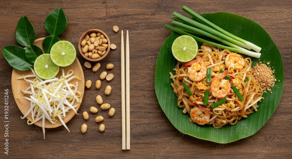 Fototapeta premium Delicious Pad Thai with Shrimp and Fresh Ingredients