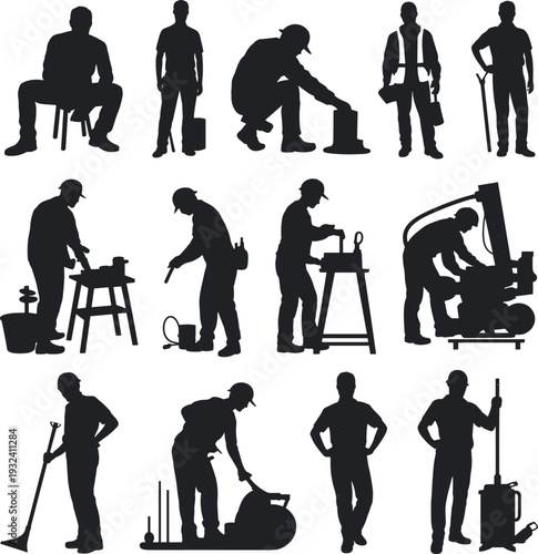 Industrial worker silhouette collection with builders using tools and machinery, construction laborer poses including drilling, hammering, welding and operating equipment vector set