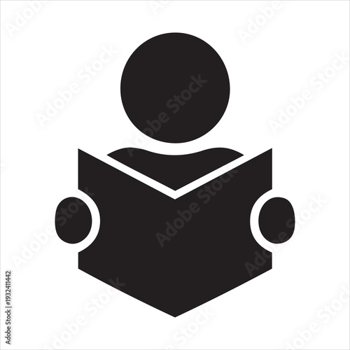Simple black silhouette of a person intently reading an open book