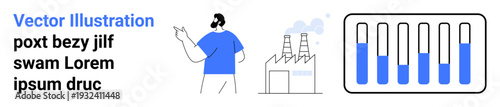 Man presenting in front of an industrial factory with chimneys emitting smoke, accompanied by a bar graph. Ideal for industry, workforce, data analysis, productivity, technology, process