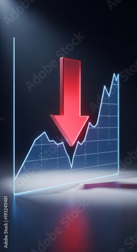 Sharp downward arrow on a simplified digital chart, illustrating economic retraction, deceleration, and business struggle, stagnation, slowdown, chart
