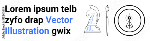 Strategy, creativity, design thinking, vision, innovation, decision-making. Chess knight, paintbrush and all-seeing eye symbols in minimal linear graphic style. Strategy and creativity concept