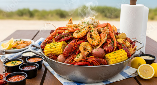 A generous serving of delicious crawfish boil with corn on the cob, shrimp, potatoes, and lemon wedges, accompanied by various dipping sauces on a checkered cloth