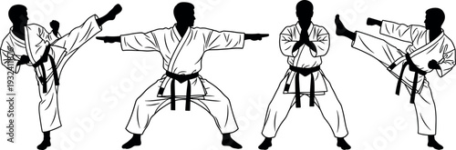 Karate martial artist silhouette collection performing kicks, punches and fighting stances, traditional martial arts training vector illustration set for sport, defense and fitness