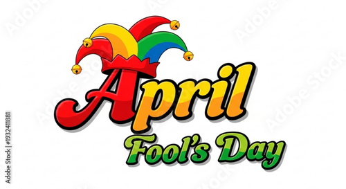 April fool's day colorful jester hat logo with text on white background for prank and joke celebrations